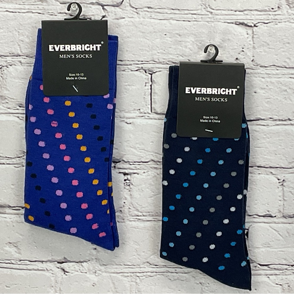 Everbright Socks 2-Pair Men’s Size 10-13 Blue/Navy w/Bright Colored Dots Novelty